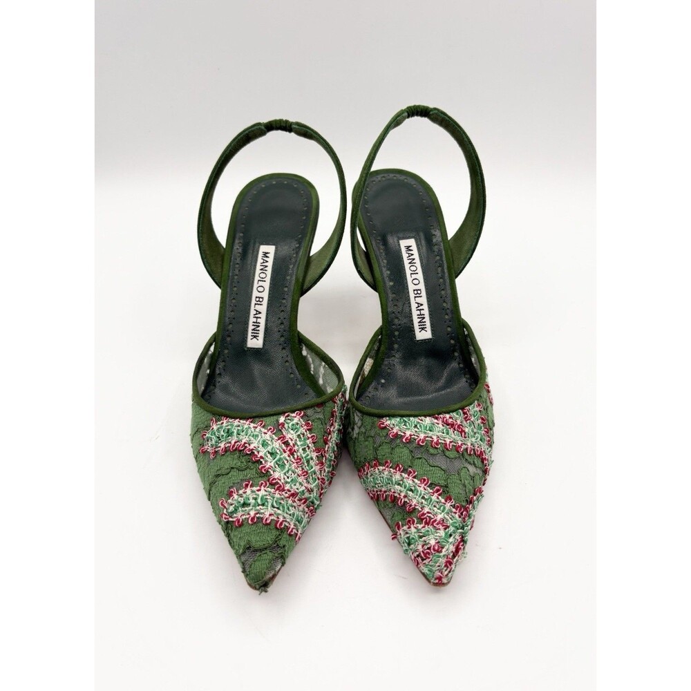 Manolo Blahnik Green & Pink Lace & Suede Slingback Pointed Toe Heels Sz EU 36.5